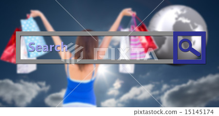 Composite image of rear view of a brunette woman raising shoppin Composite image of rear view of a brunette woman raising shoppin 15145174