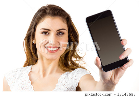 Pretty brunette showing smartphone Pretty brunette showing smartphone 15145685