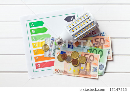 LED lightbulb with energy label and euro 15147313