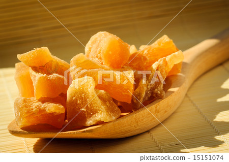 Closeup candied ginger on wooden spoon Closeup candied ginger on wooden spoon 15151074