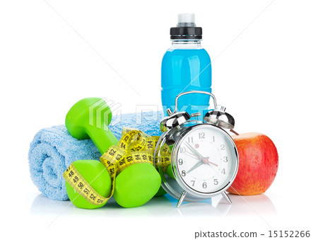Two green dumbells, tape measure, healthy food Two green dumbells, tape measure, healthy food 15152266