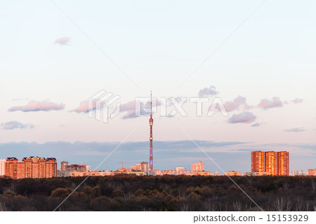 TV tower and urban houses in spring sunset 15153929