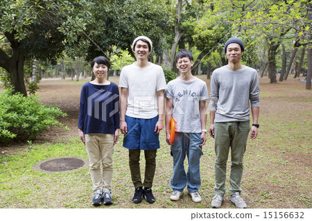 Young man 4 people park alignment camera looking whole body 15156632