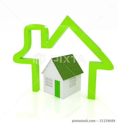 3d green house and icon house on white background 15159089