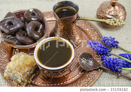 Turkish coffee with cookies and flowers 15159182