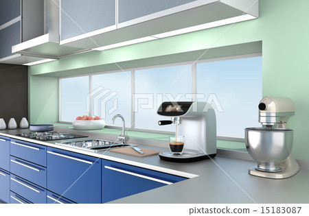 Blue system kitchen with espresso machine 15183087