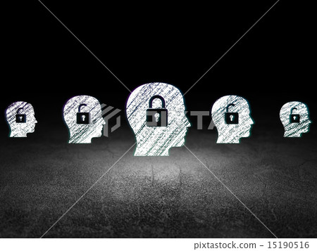 Protection concept: head with padlock icon in grunge dark room Protection concept: head with padlock icon in grunge dark room 15190516