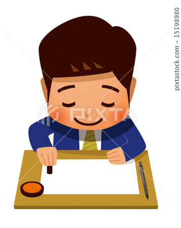 Businessman pushing a stamp on a document with a smile Businessman pushing a stamp on a document with a smile 15198980