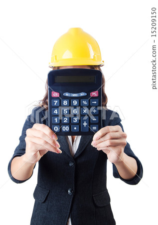 Female builder with calculator on white Female builder with calculator on white 15209150