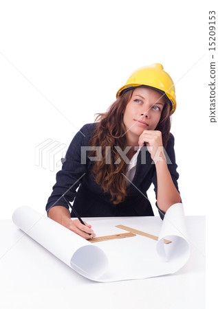 Woman architect with drawings on white Woman architect with drawings on white 15209153