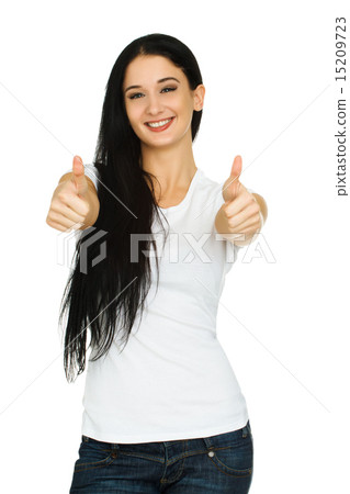 Young casual style woman with blank white t-shirt holds her thum Young casual style woman with blank white t-shirt holds her thum 15209723