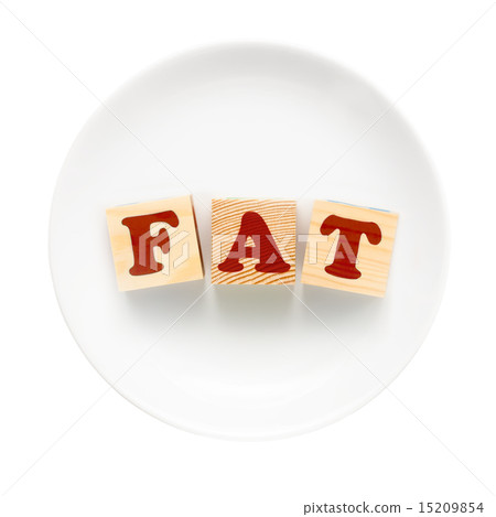 White plate with word FAT composed of wooden blocks. Isolated on White plate with word FAT composed of wooden blocks. Isolated on 15209854
