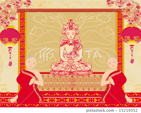 monks pray to the statue of Buddha 15219352