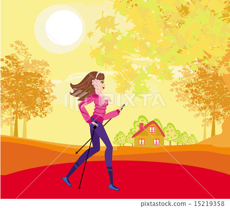 Nordic walking - active woman exercising outdoor Nordic walking - active woman exercising outdoor 15219358