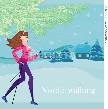 Nordic walking - active woman exercising in winter 15219359
