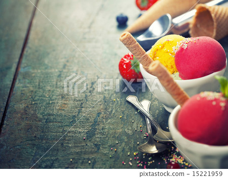 Two Ice cream scoops in bowls with wafer Two Ice cream scoops in bowls with wafer 15221959