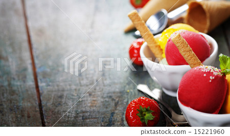 Two Ice cream scoops in bowls with wafer Two Ice cream scoops in bowls with wafer 15221960