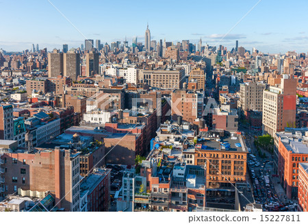New York City Manhattan skyline aerial view with street and skyscrapers New York City Manhattan skyline aerial view with street and skyscrapers 15227811