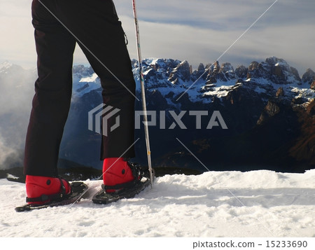 Skier in red winter jacket with  small fun skis 15233690