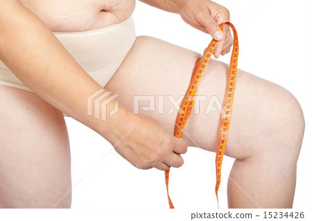 Fat woman measure her leg Fat woman measure her leg 15234426