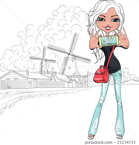 Hipster girl makes selfie on windmills in Holland 15234715