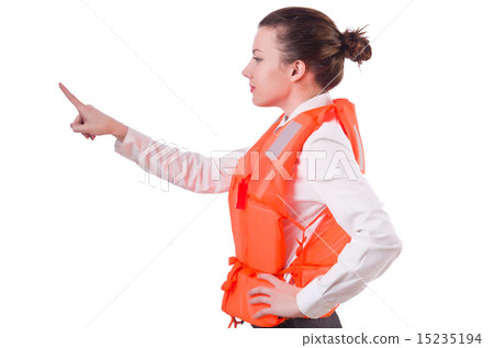 Woman in vest pressing virtual buttons 15235194