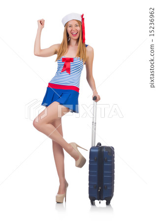 Woman travel attendant with suitcase on white Woman travel attendant with suitcase on white 15236962