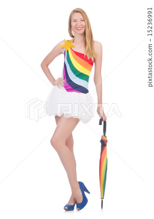 Woman with umbrella isolated on white 15236991