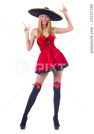 Model in red dress wearing sombrero 15237189