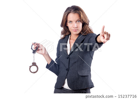 Female businesswoman with handcuffs on white Female businesswoman with handcuffs on white 15237716
