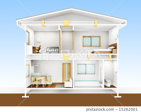 Stock Illustration: cross-section diagram, residential, detached house