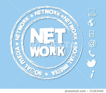 white network seal with communication icons over blue background white network seal with communication icons over blue background 15263440