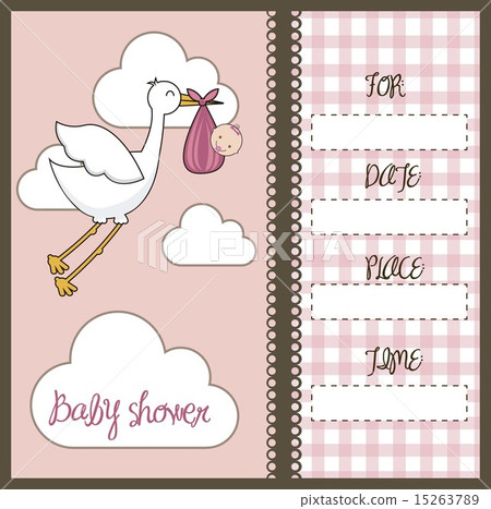pink baby shower card with stork and baby vector illustration 15263789
