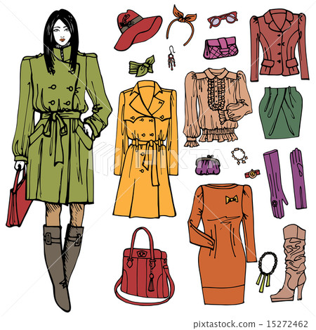 Fashion girl and street clothing set.Colored doodle Sketch 15272462