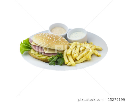 The great cheeseburger with potato and sauce 15279199