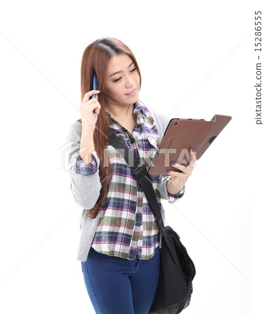 Woman wth tablet pc and shoulder bag study Woman wth tablet pc and shoulder bag study 15286555