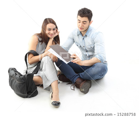 Male female sit on floor discuss talk Male female sit on floor discuss talk 15288758