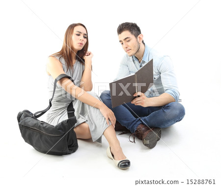 Male female sit on floor discuss talk Male female sit on floor discuss talk 15288761