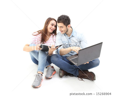 Male female laptop study discuss talk intimate Male female laptop study discuss talk intimate 15288904