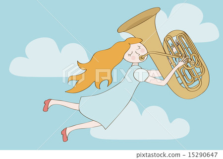 Happy redhead girl flying in sky and playing tuba 15290647