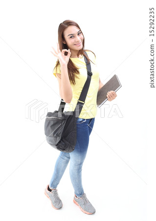 Femaley carrying bag notebook ok sign Femaley carrying bag notebook ok sign 15292235