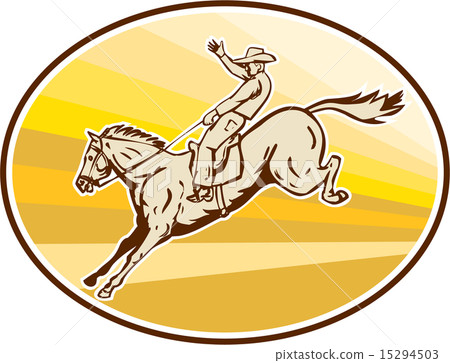 Rodeo Cowboy Riding Horse Oval Retro 15294503