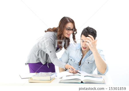 Male female teach study discuss table book 15301859
