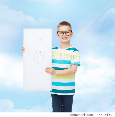 smiling boy in eyeglasses with white blank board smiling boy in eyeglasses with white blank board 15303139