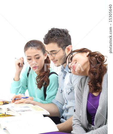 Male female study teach discuss relax book table  15305640