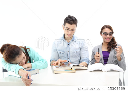 Male female study teach discuss tired book table Male female study teach discuss tired book table 15305669