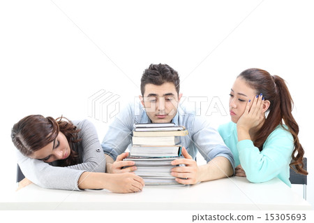Male female study discuss tired rest book stack Male female study discuss tired rest book stack 15305693