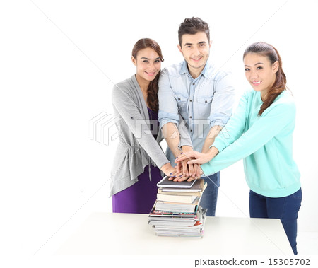 Male female stand hold book stack hands toagether Male female stand hold book stack hands toagether 15305702