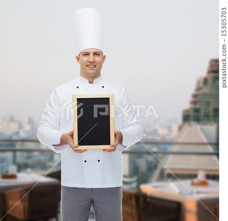 happy male chef cook holding blank menu board happy male chef cook holding blank menu board 15305703