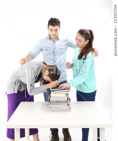Male female stand hold book stack Male female stand hold book stack 15305704